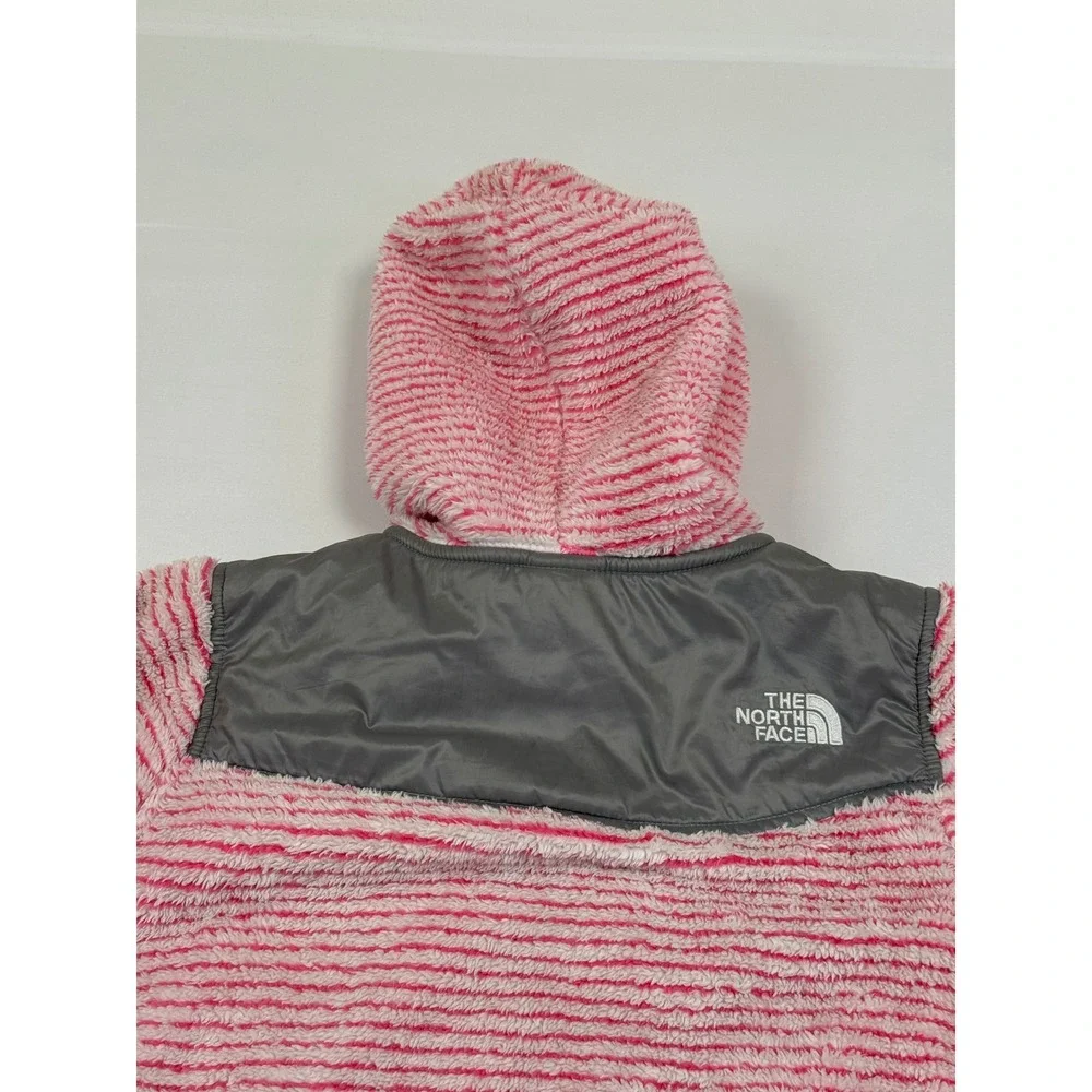 The North Face Girls Pink White Striped Full Zip Hooded‎ Fleece Jacket L (14/16)